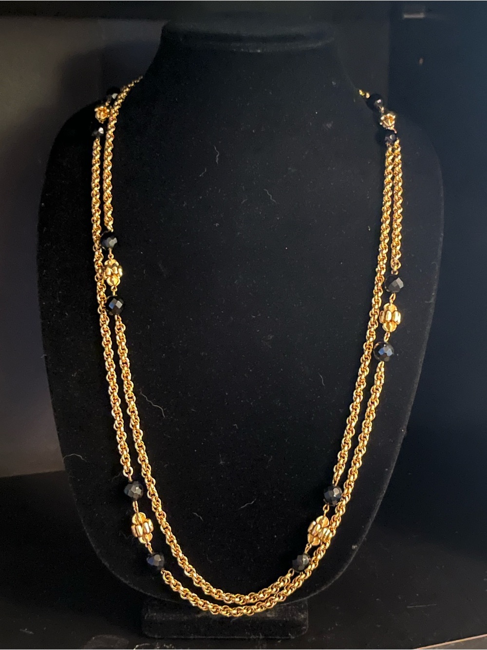 Gold-tone and Black Chain Beaded Necklace- Long and Layerable